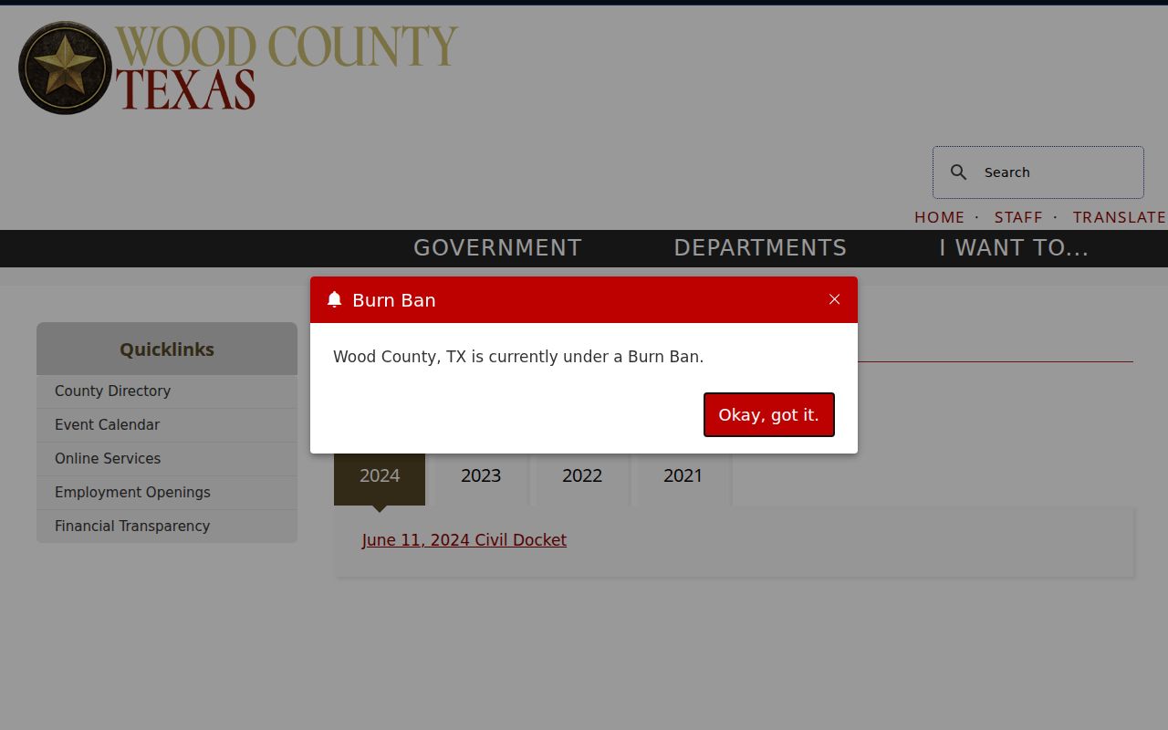 Wood County civil docket archive for posted court settings