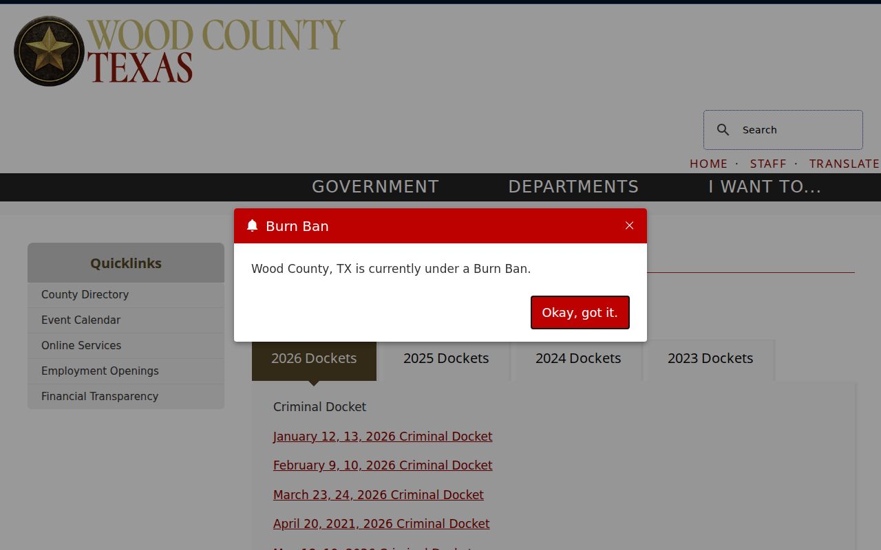 Wood County criminal docket archive with posted court sessions