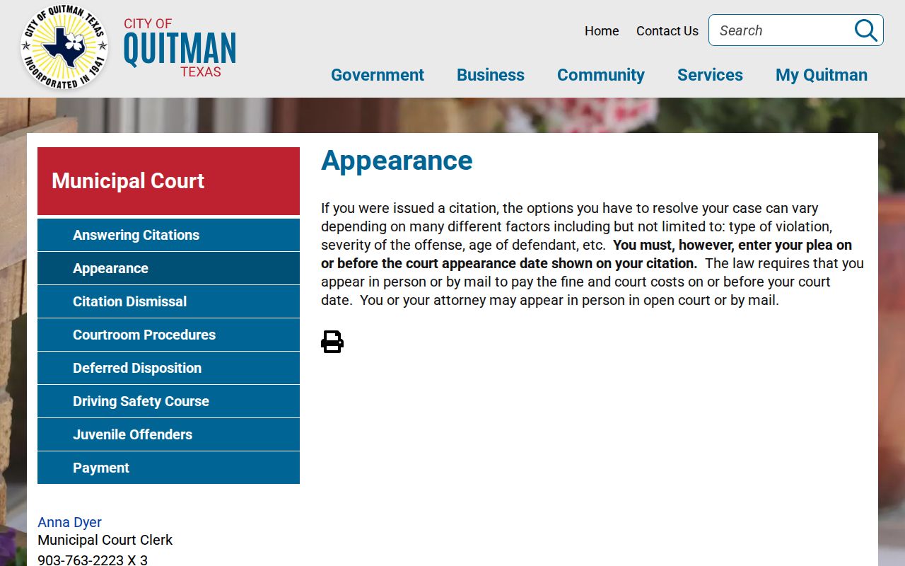 Quitman court docket plea and appearance instructions
