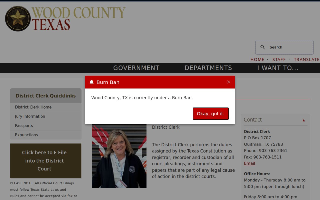 Wood County District Clerk official records and filing page